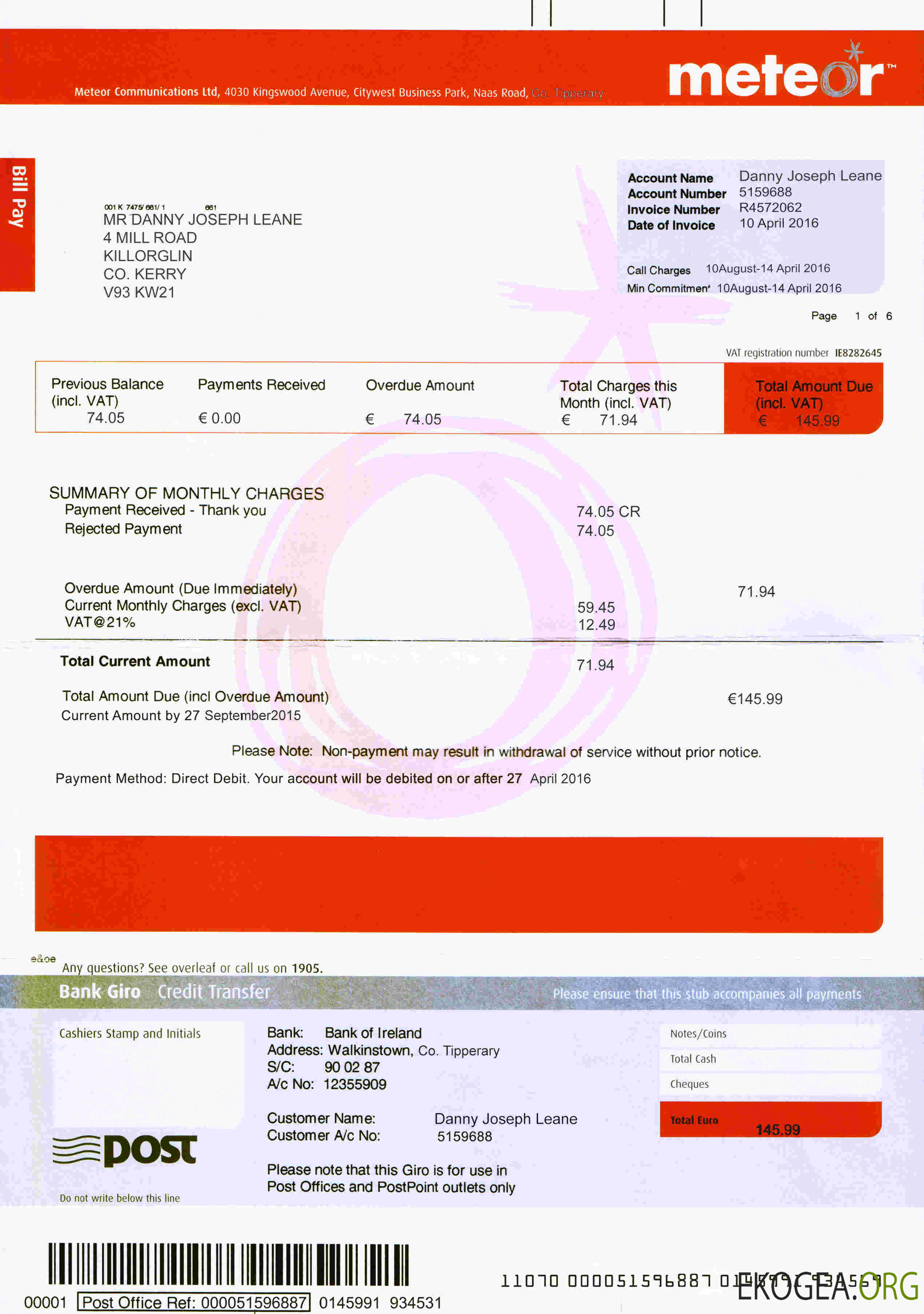 Ireland Meteor utility bill template fully editable in PSD format